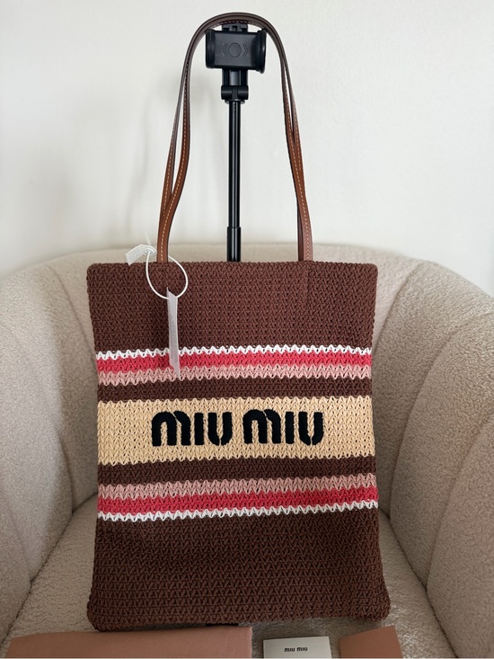 Miu Miu Handbags - Miu Miu Crochet Knit Shopping Tote Bag Brown Pink Striped Large Raffia-effect